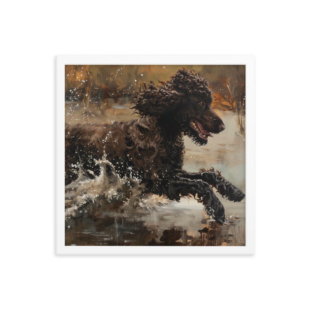 Irish Water Spaniel Splashing in Lake Art Framed Poster - Oh Posters