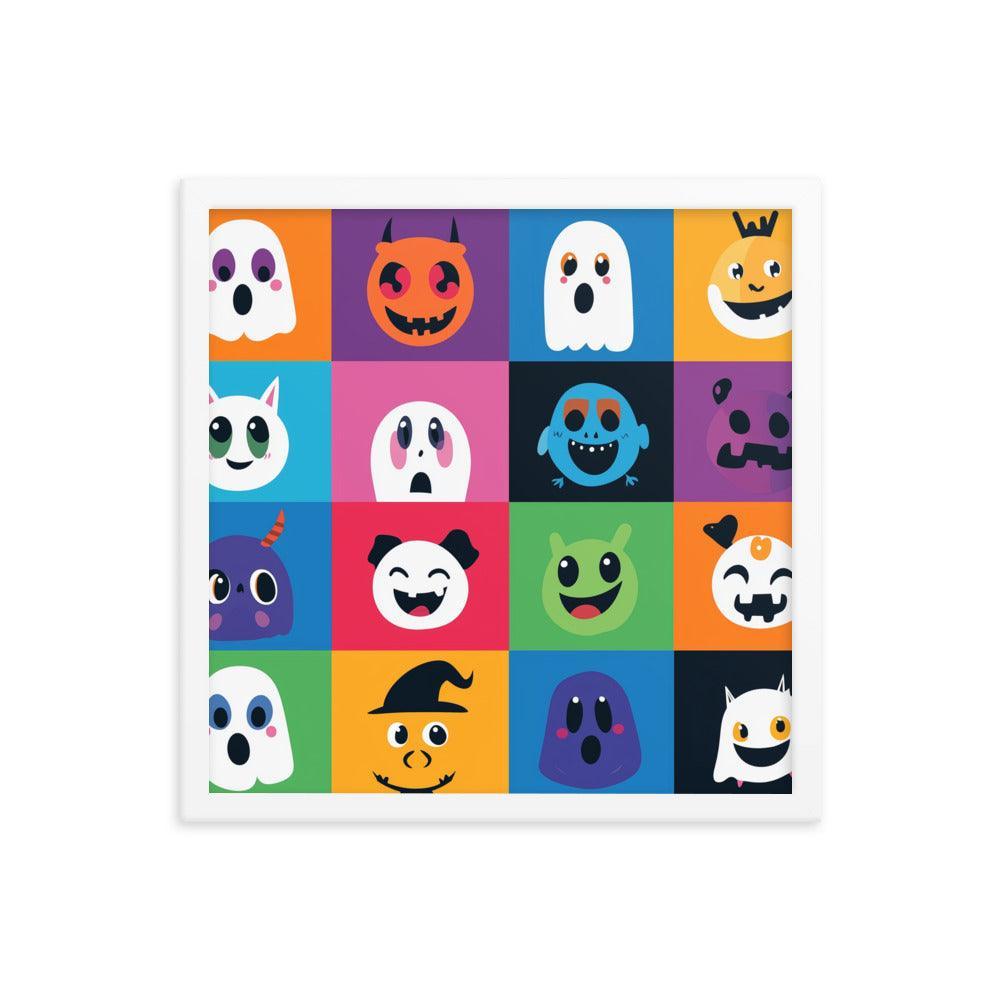 Cheerful Halloween Ghosts and Pumpkins Cartoon Faces Framed Poster - Oh Posters