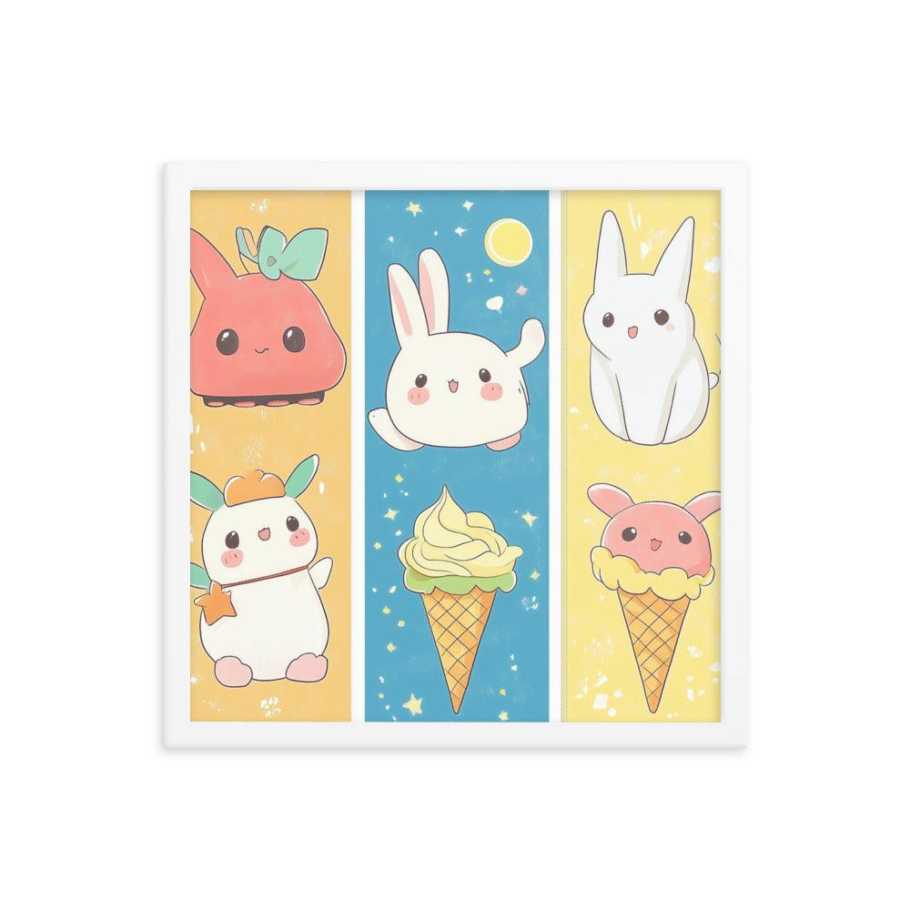 Kawaii Bunnies and Ice Cream Cute Character Strip Digital Art Framed Poster - Oh Posters