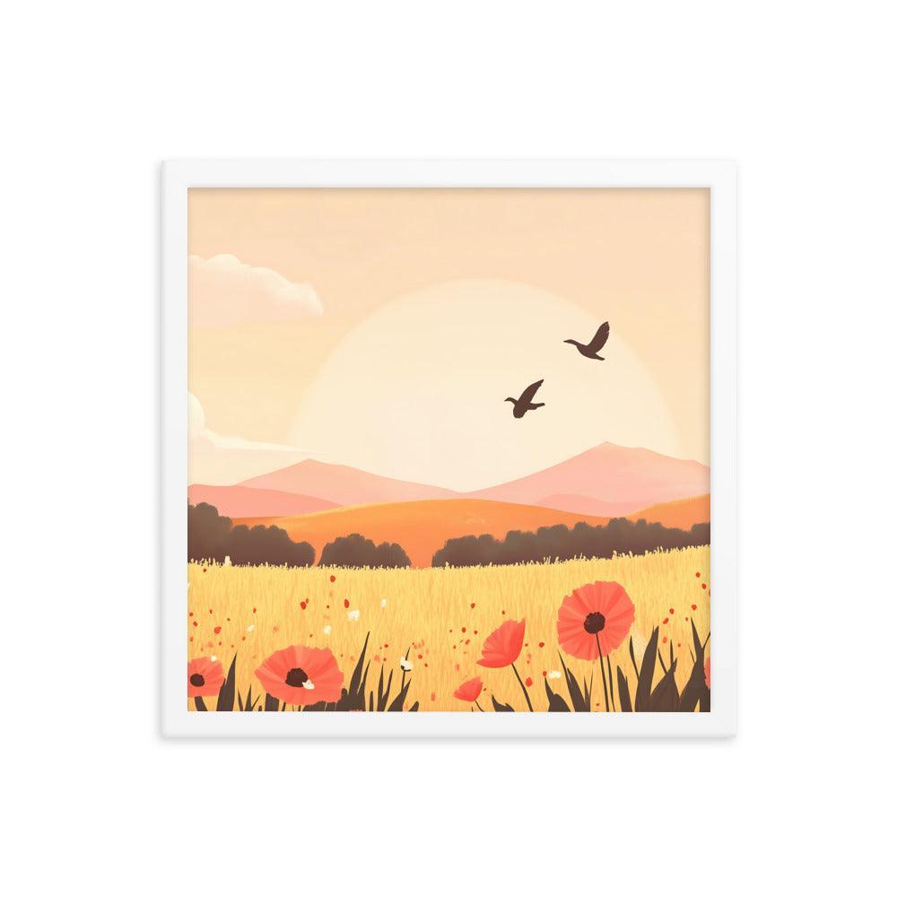 Sunset Field with Poppies and Birds in Pastel Landscape Framed Poster - Oh Posters