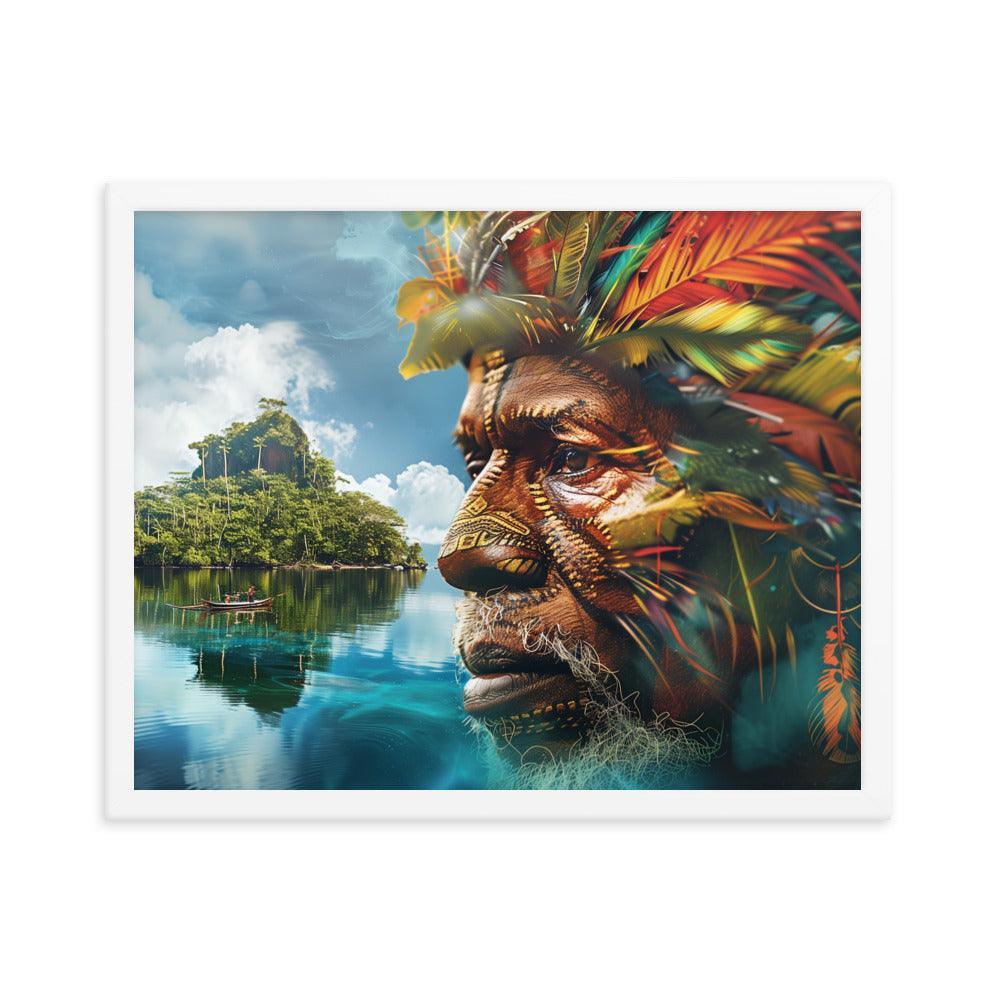 Papua New Guinea Indigenous Portrait and Island Landscape Framed Poster - Oh Posters