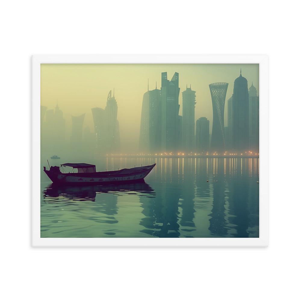 Qatar Foggy City Skyline Reflective Water Framed Poster - Oh Posters