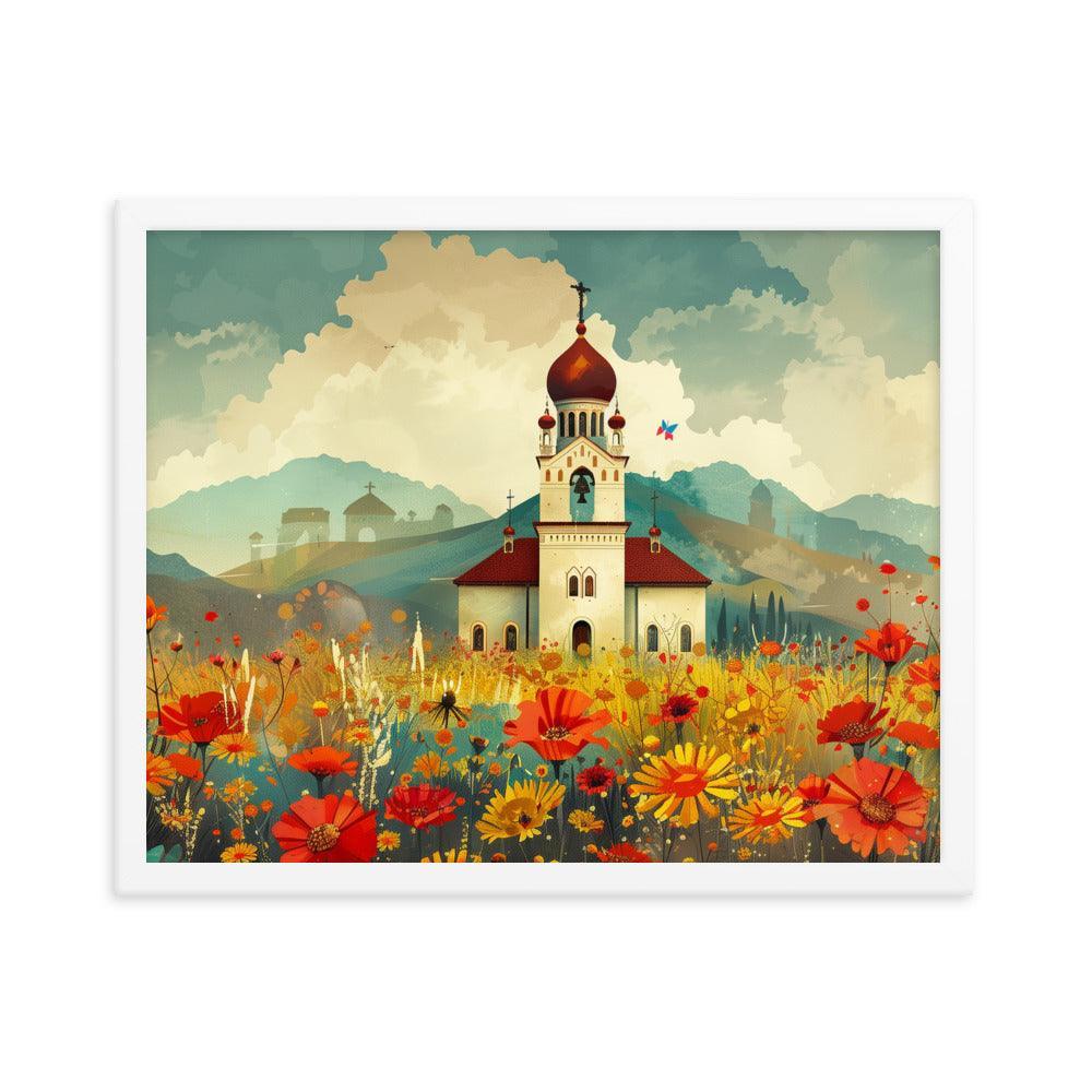 Romania Mountain Church Field of Flowers Framed Poster - Oh Posters