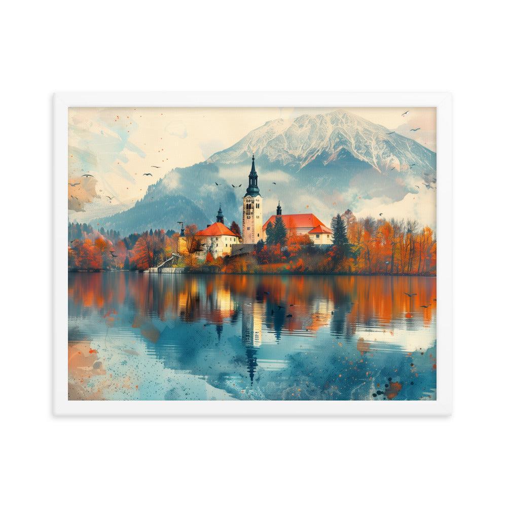 Slovenia Autumn Lakeside Church Reflection Framed Poster - Oh Posters