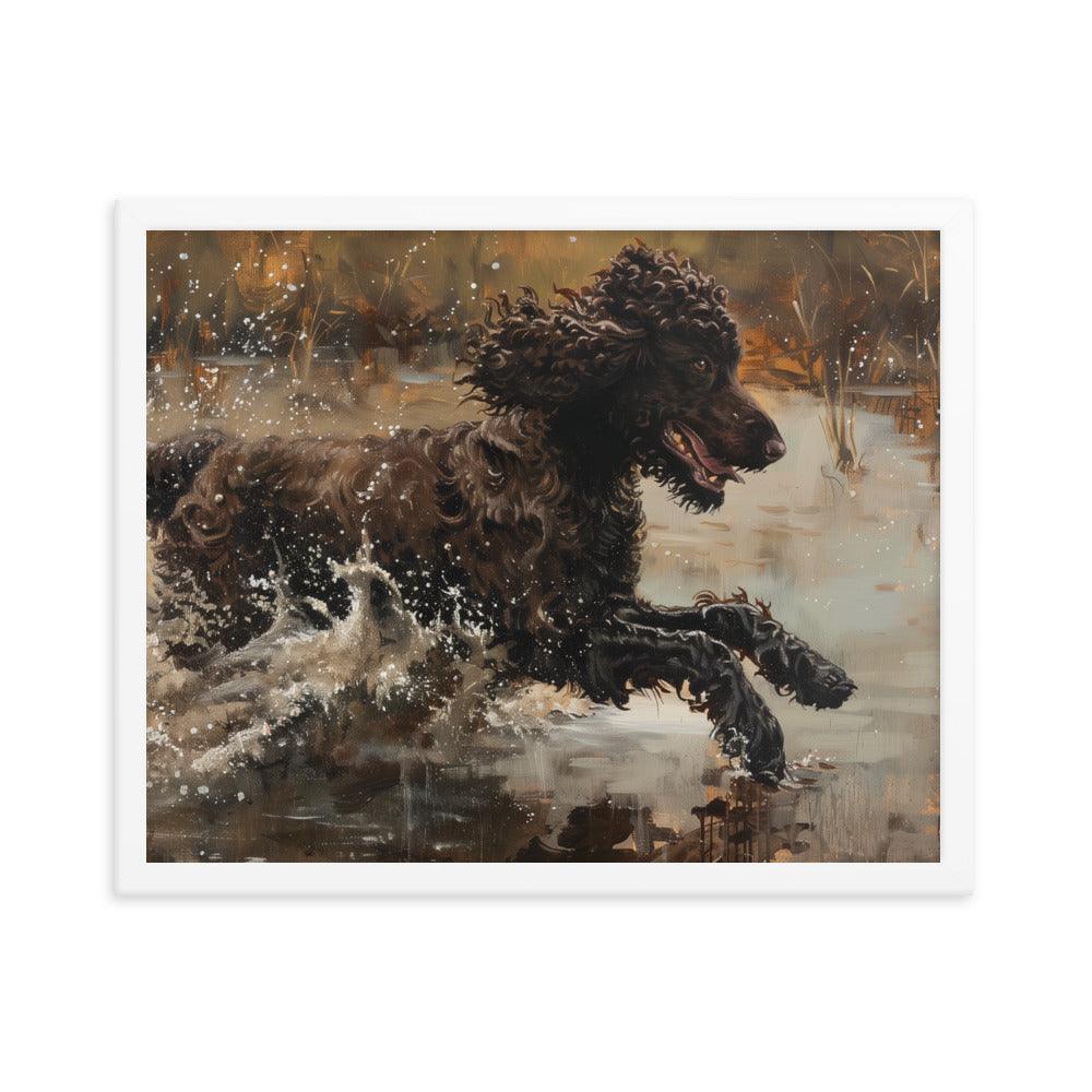 Irish Water Spaniel Splashing in Lake Art Framed Poster - Oh Posters