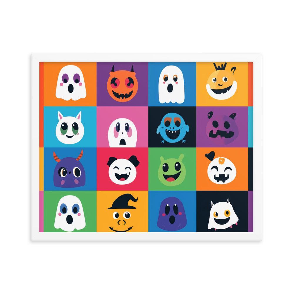 Cheerful Halloween Ghosts and Pumpkins Cartoon Faces Framed Poster - Oh Posters