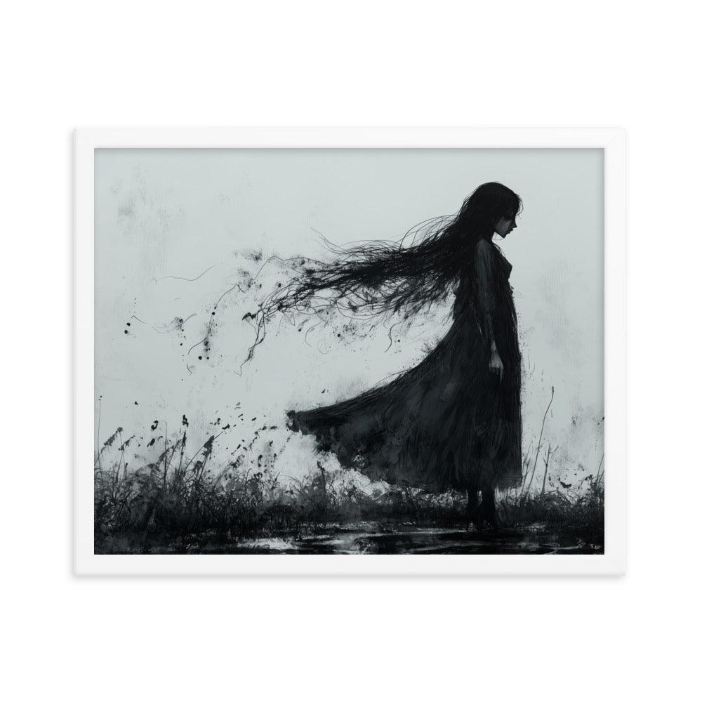 Dark Silhouette Woman in Gloomy Field Ink Illustration Framed Poster - Oh Posters