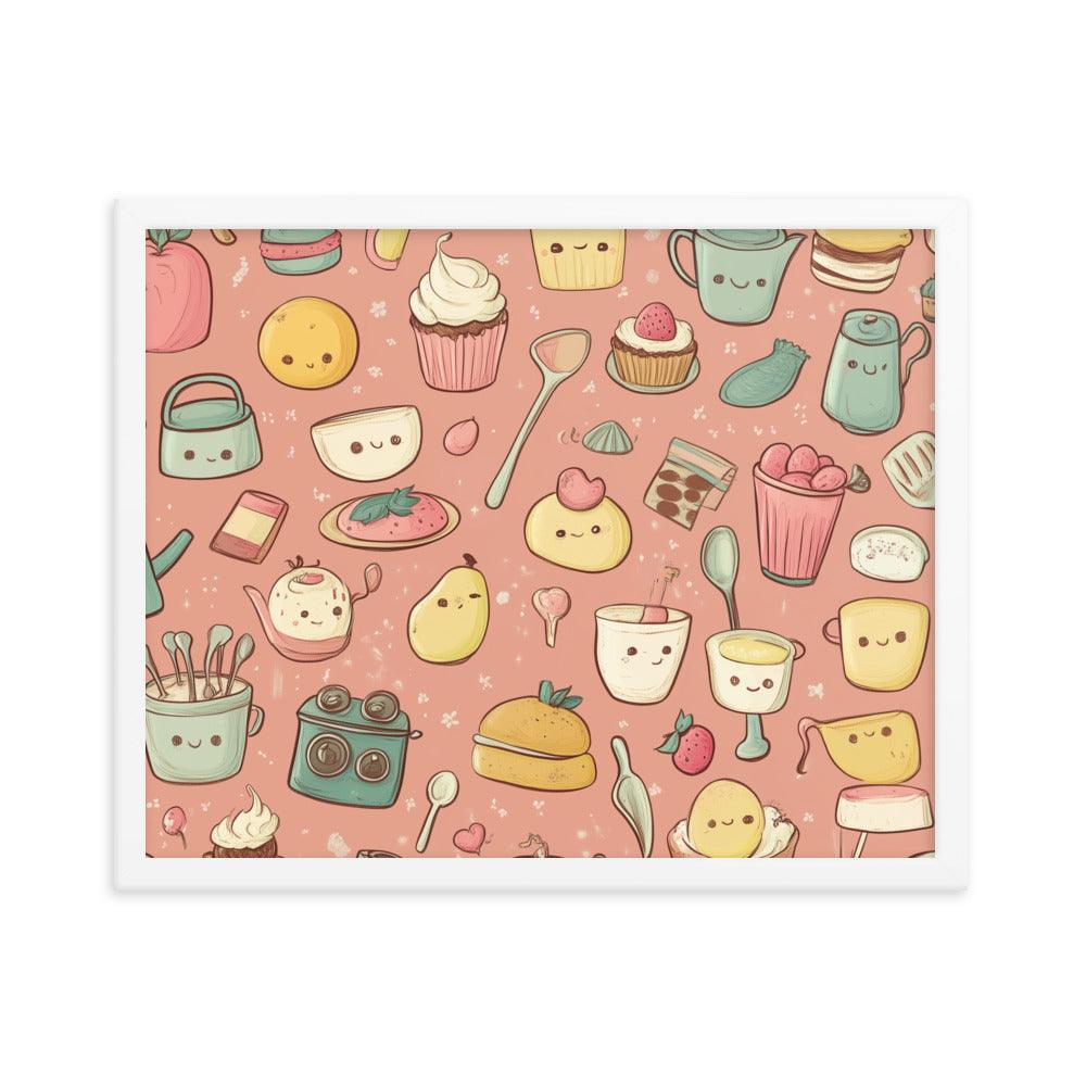 Kawaii Food and Kitchen Utensils Cute Doodle Pattern Framed Poster - Oh Posters