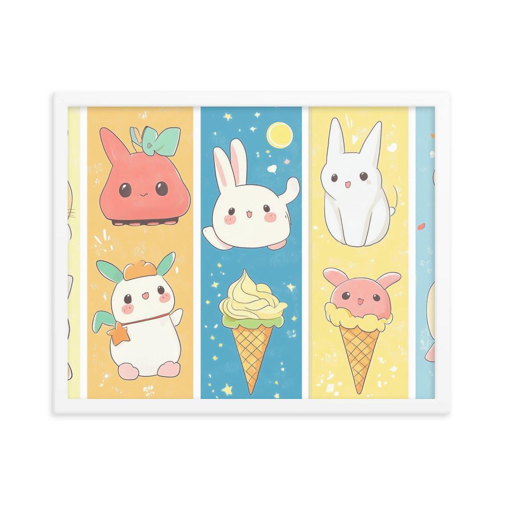 Kawaii Bunnies and Ice Cream Cute Character Strip Digital Art Framed Poster - Oh Posters