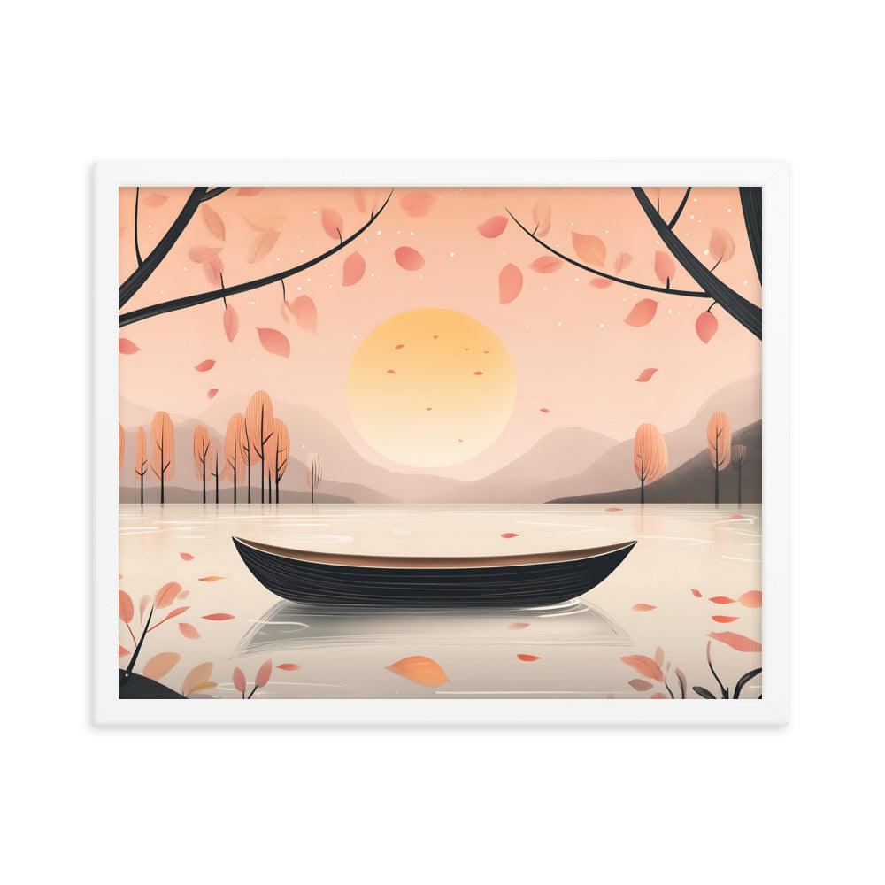 Peaceful Autumn Lake Scene with Soft Sunset and Falling Leaves Framed Poster - Oh Posters