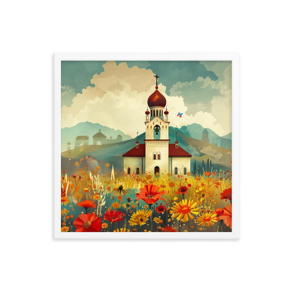 Romania Mountain Church Field of Flowers Framed Poster - Oh Posters