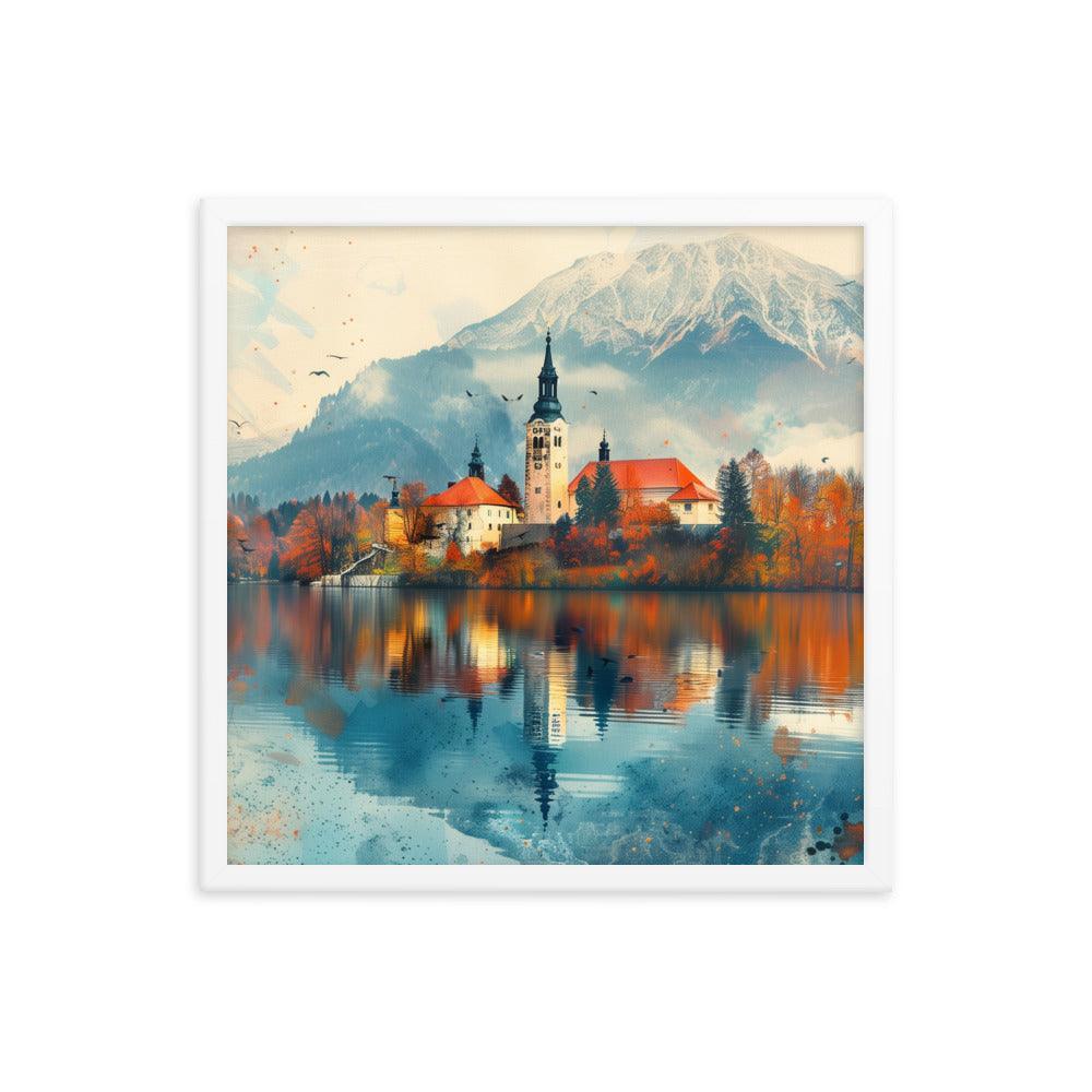 Slovenia Autumn Lakeside Church Reflection Framed Poster - Oh Posters