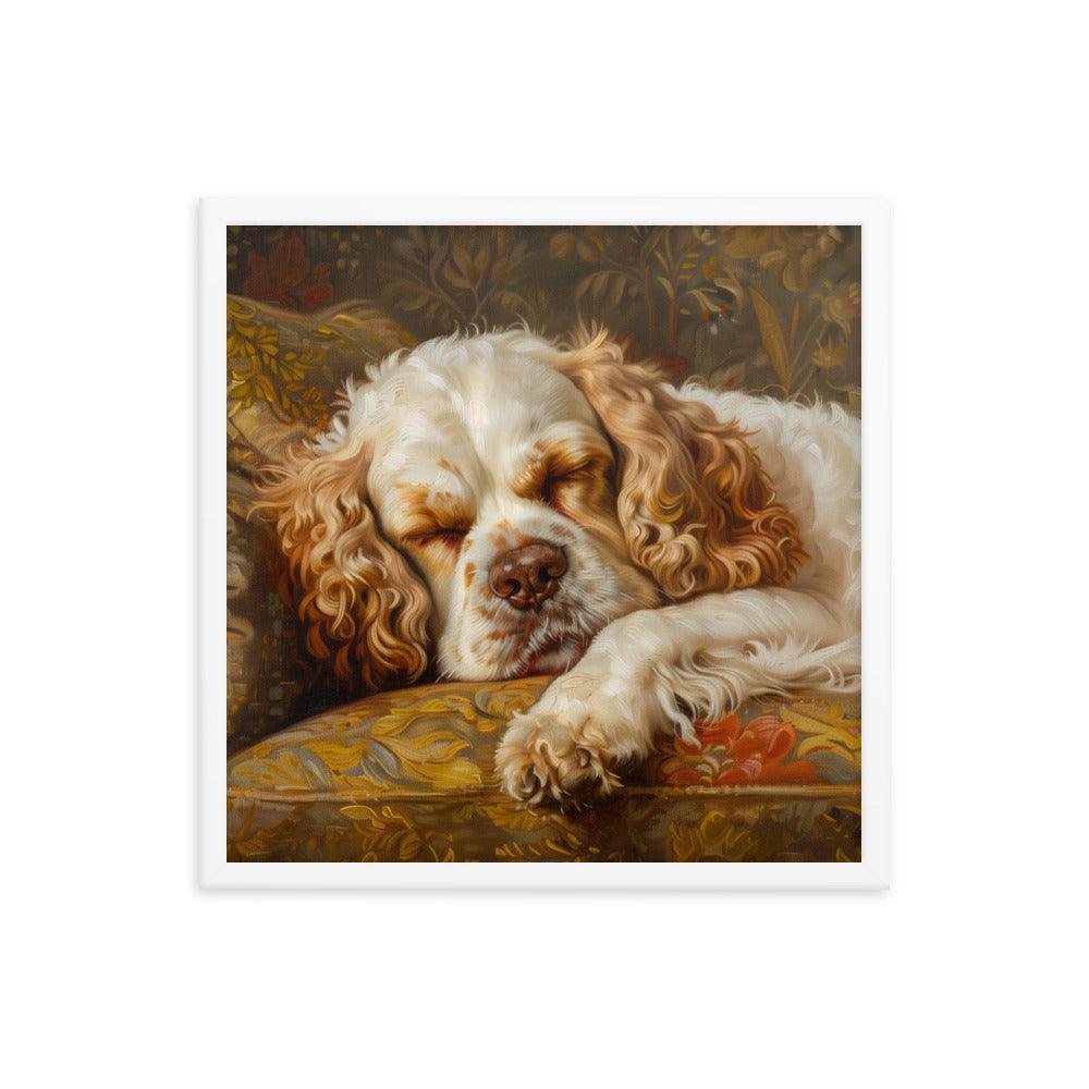 Clumber Spaniel Sleeping on Floral Sofa Painting Framed Poster - Oh Posters