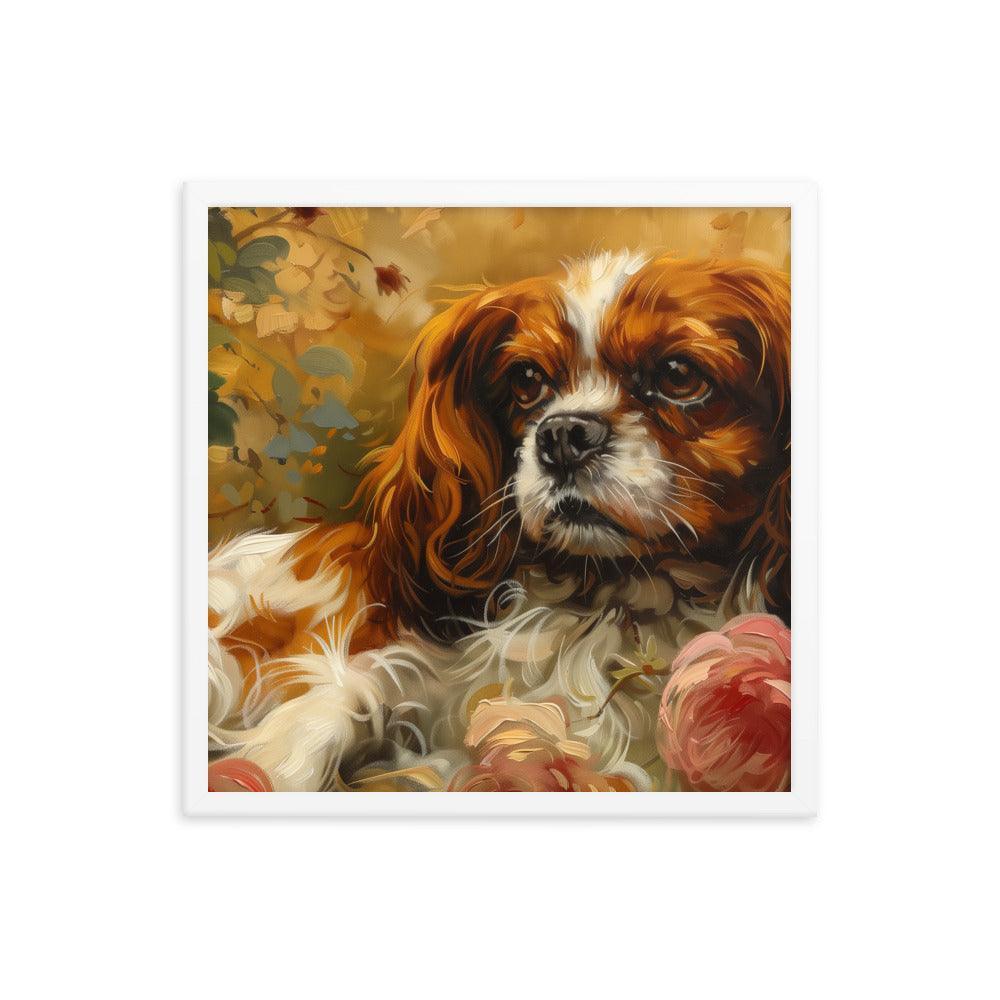 English Toy Spaniel Lying Among Roses Painting Framed Poster - Oh Posters