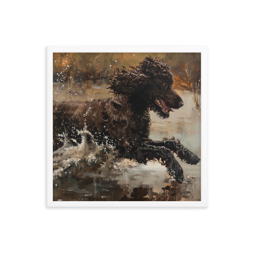 Irish Water Spaniel Splashing in Lake Art Framed Poster - Oh Posters