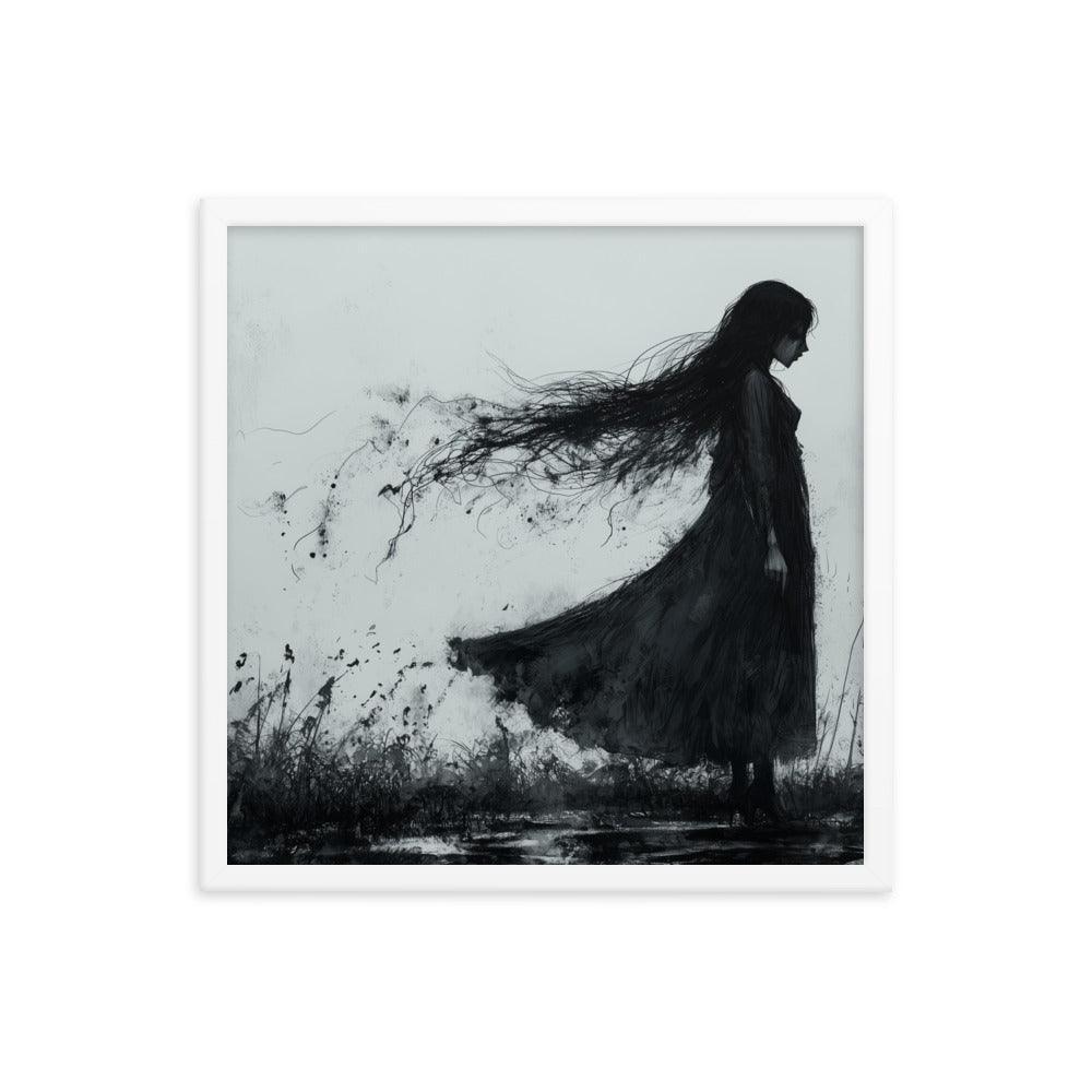 Dark Silhouette Woman in Gloomy Field Ink Illustration Framed Poster - Oh Posters