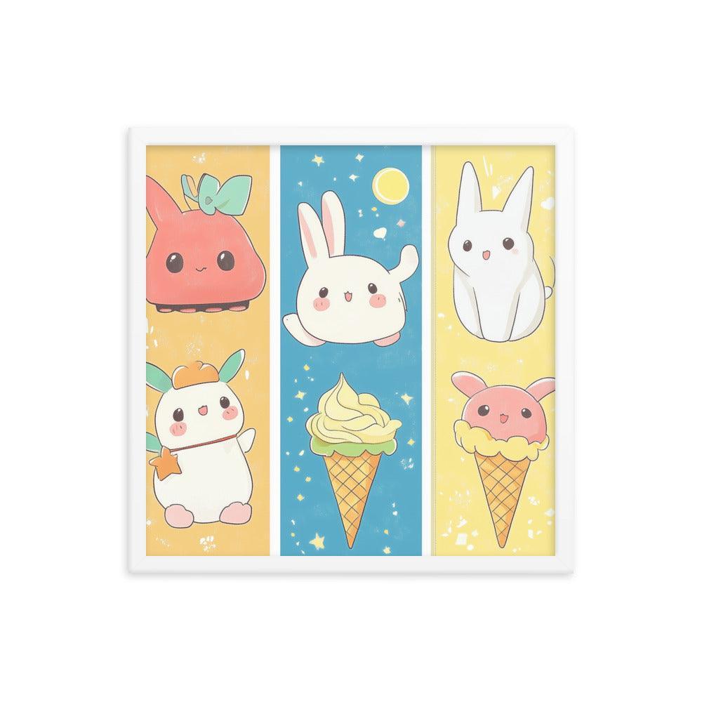 Kawaii Bunnies and Ice Cream Cute Character Strip Digital Art Framed Poster - Oh Posters