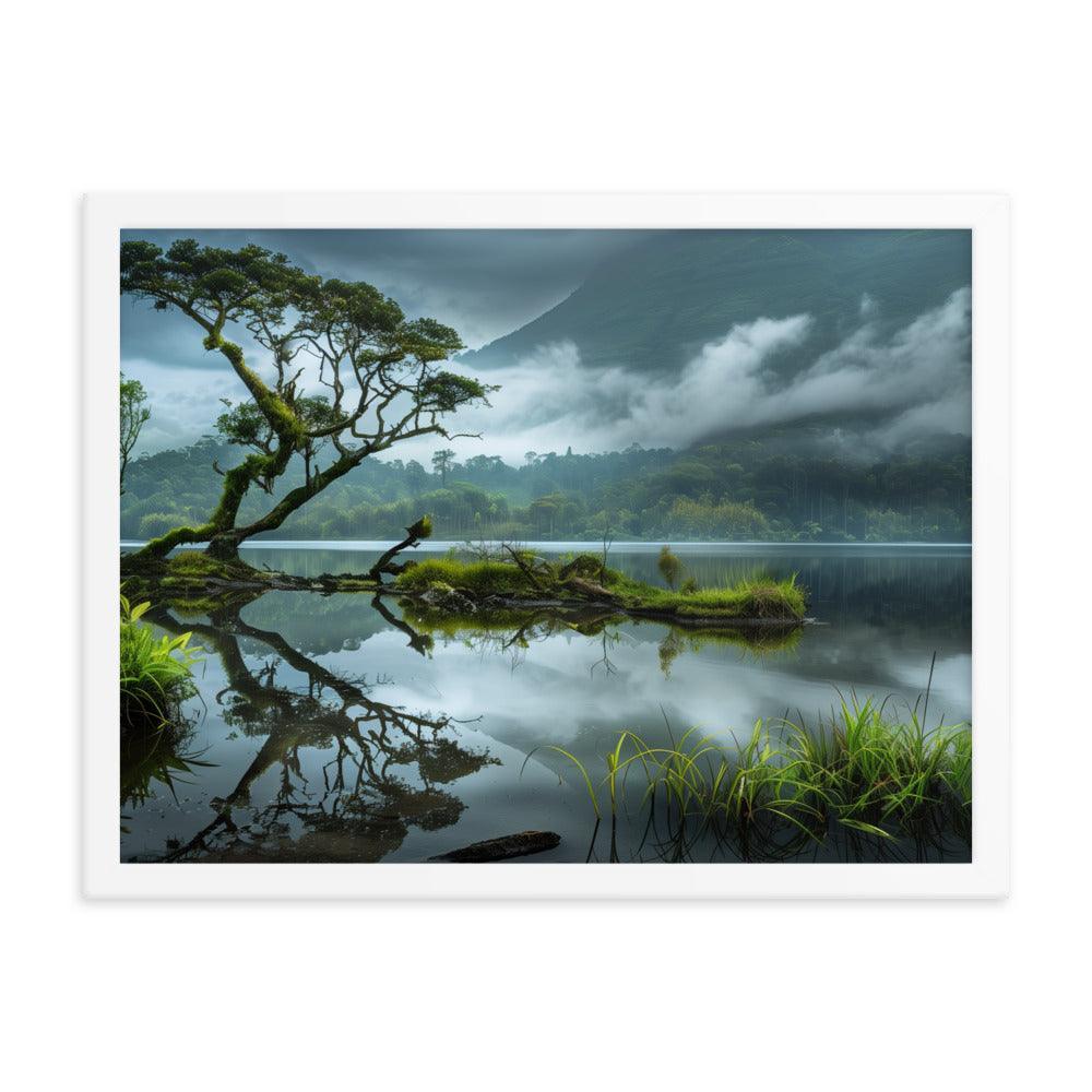 Indonesia Serene Lake Misty Mountains Framed Poster - Oh Posters