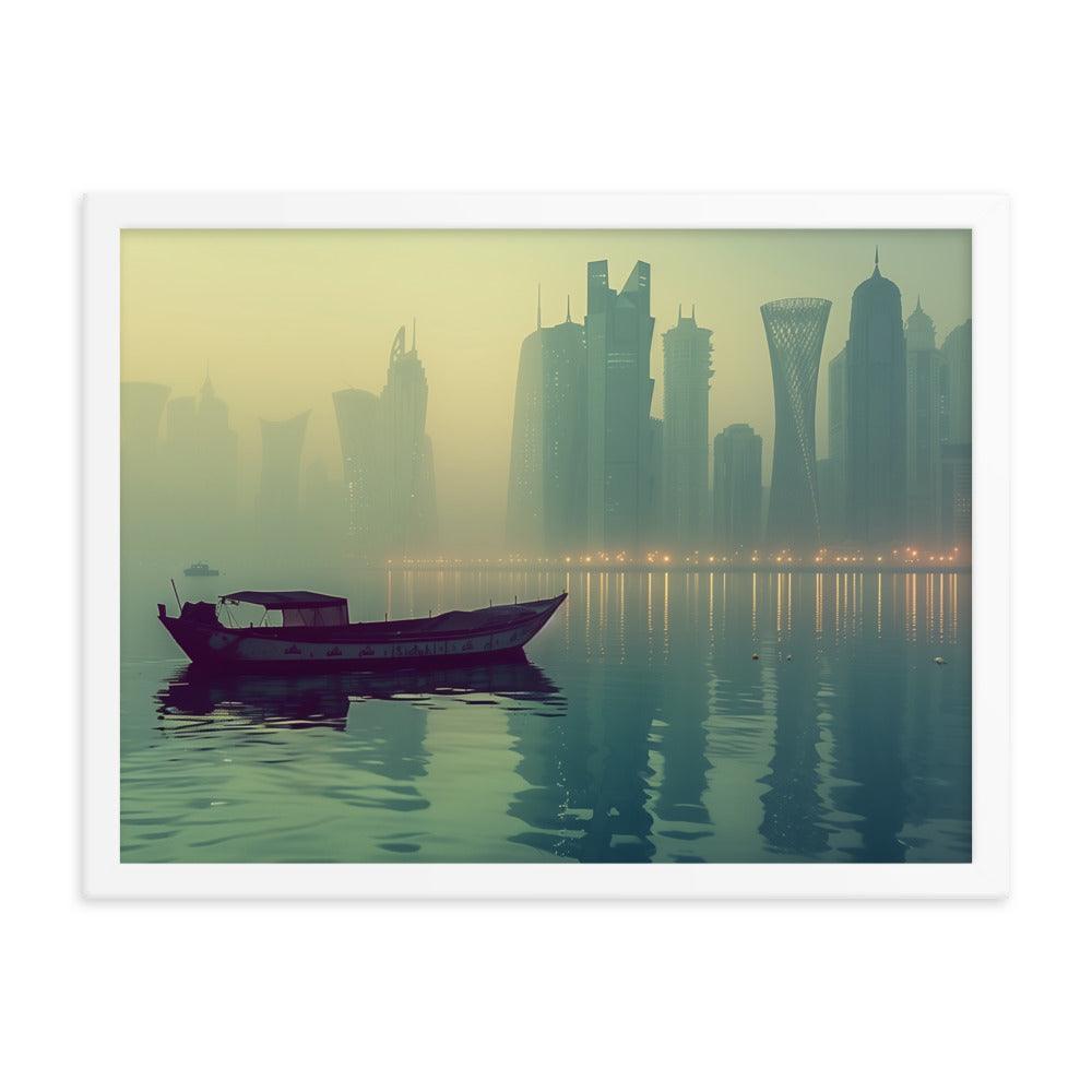 Qatar Foggy City Skyline Reflective Water Framed Poster - Oh Posters