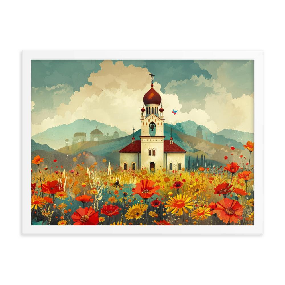 Romania Mountain Church Field of Flowers Framed Poster - Oh Posters