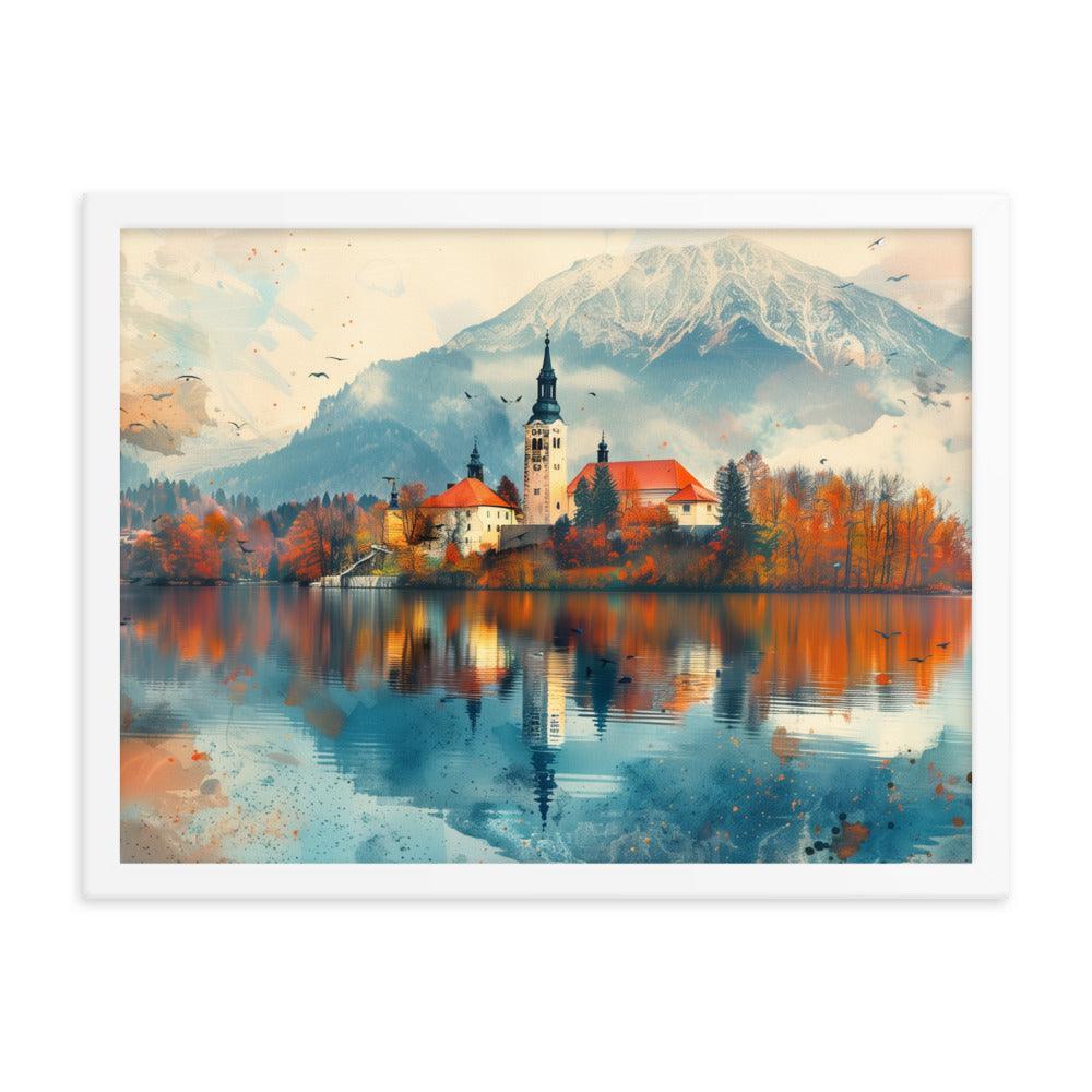 Slovenia Autumn Lakeside Church Reflection Framed Poster - Oh Posters