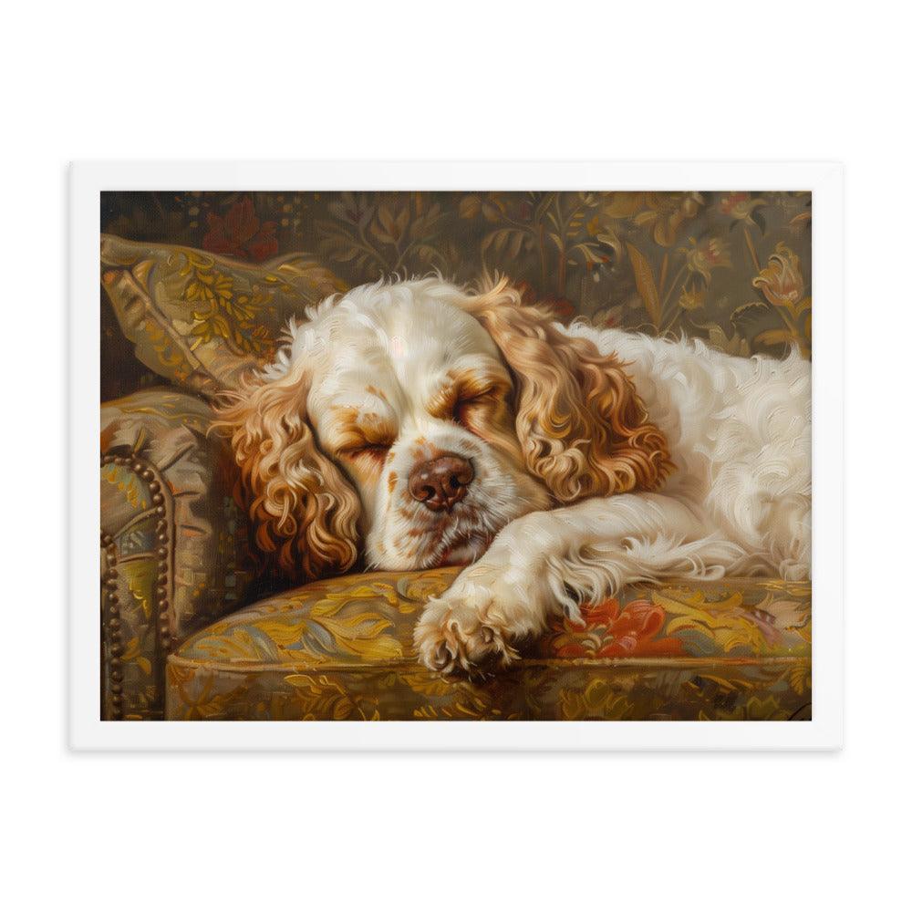 Clumber Spaniel Sleeping on Floral Sofa Painting Framed Poster - Oh Posters