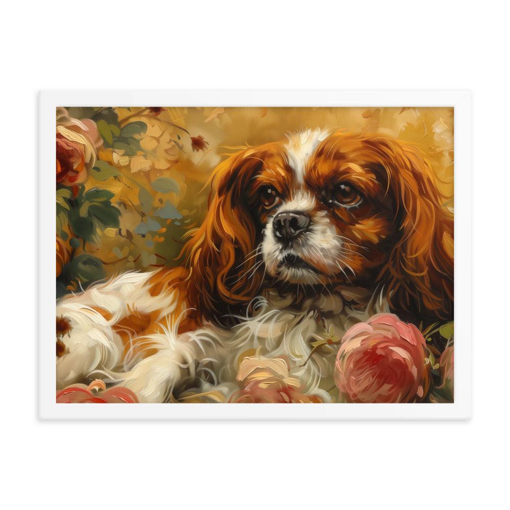 English Toy Spaniel Lying Among Roses Painting Framed Poster - Oh Posters