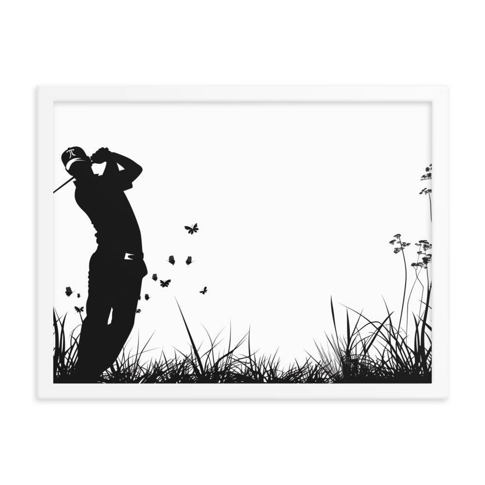 Golfer Silhouette Swinging Action Black and White Art Framed Poster - Oh Posters