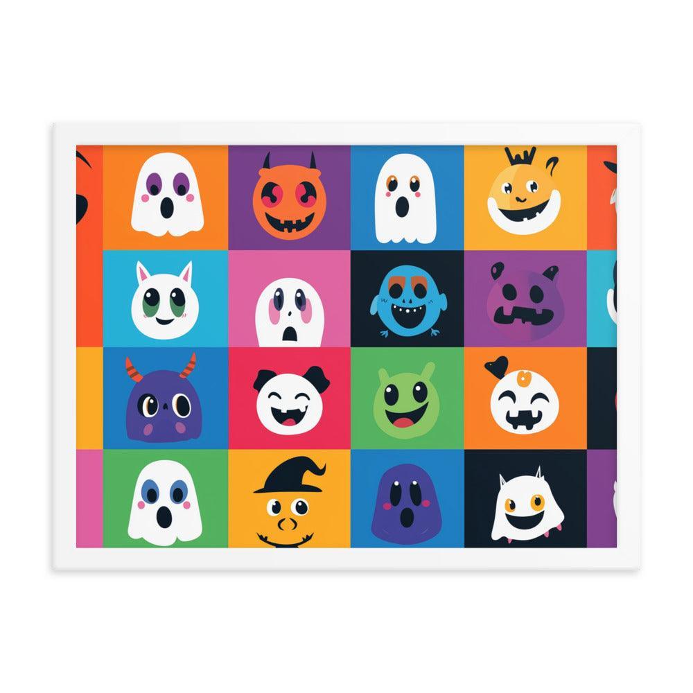 Cheerful Halloween Ghosts and Pumpkins Cartoon Faces Framed Poster - Oh Posters