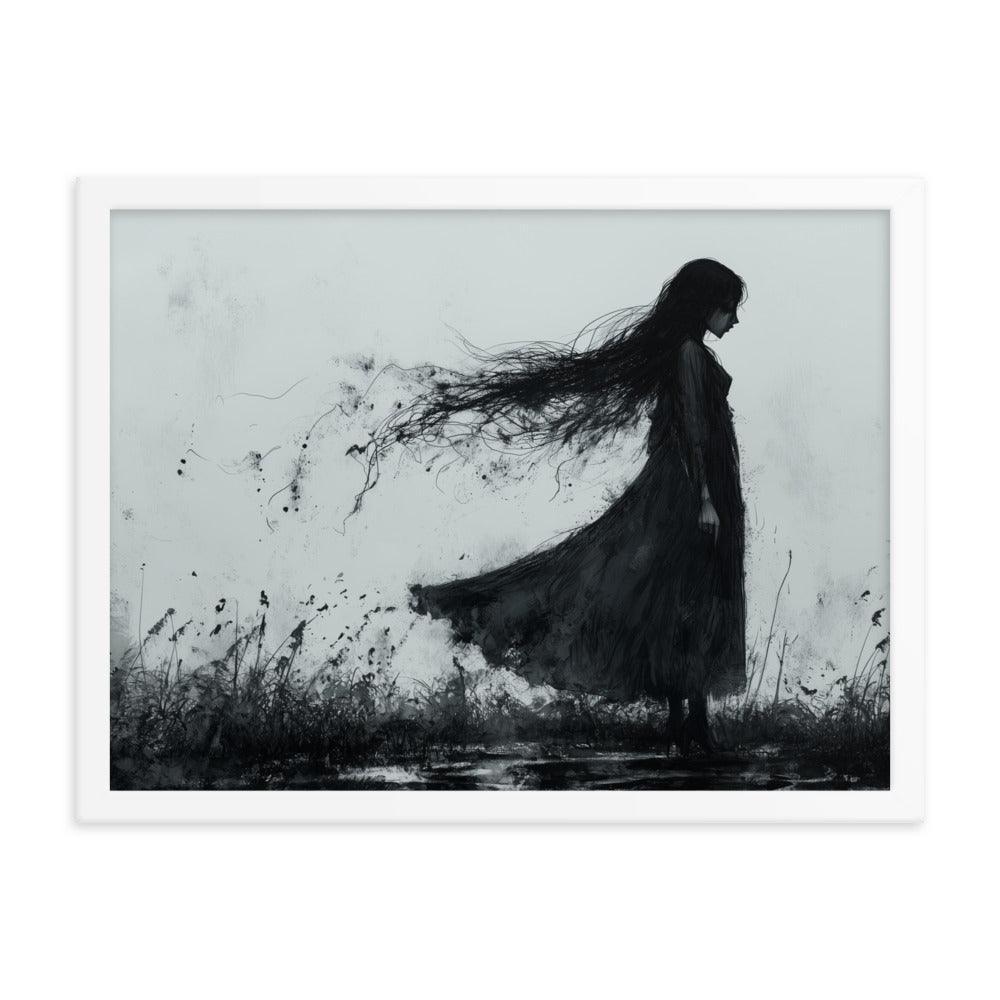 Dark Silhouette Woman in Gloomy Field Ink Illustration Framed Poster - Oh Posters