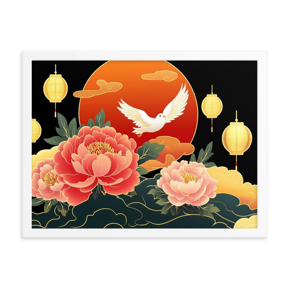 Chinese Traditional Floral Design with Lanterns and Dove Illustration Framed Poster - Oh Posters