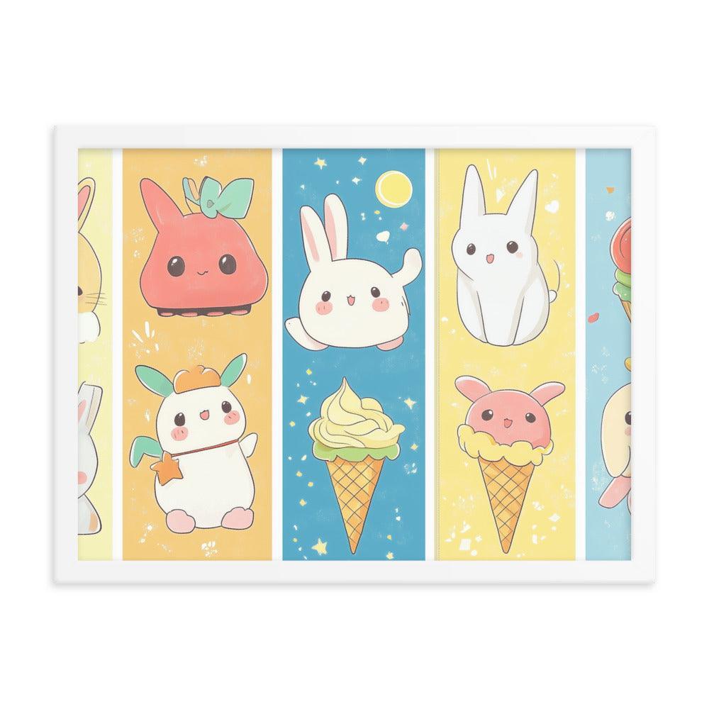 Kawaii Bunnies and Ice Cream Cute Character Strip Digital Art Framed Poster - Oh Posters