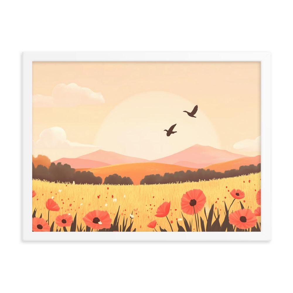 Sunset Field with Poppies and Birds in Pastel Landscape Framed Poster - Oh Posters