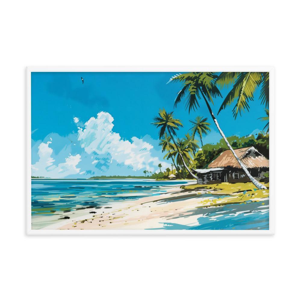 Kiribati Tropical Beach Hut Illustration Framed Poster - Oh Posters