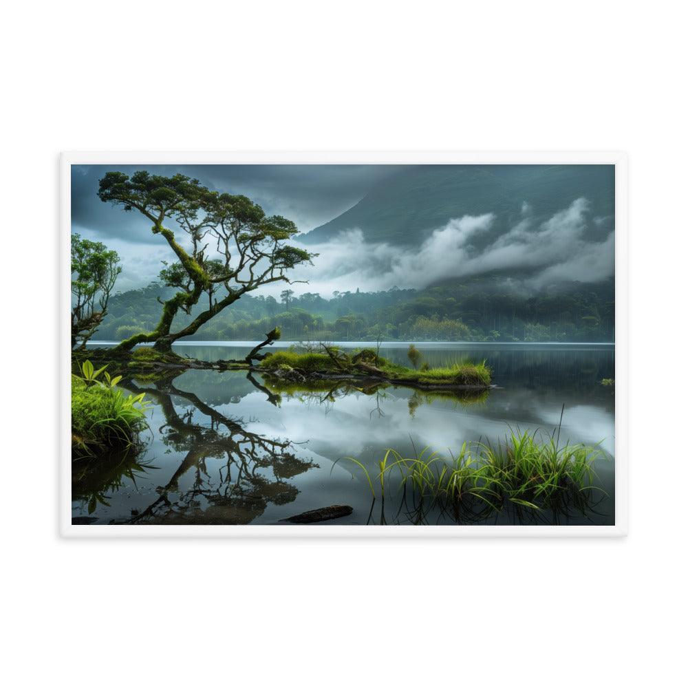 Indonesia Serene Lake Misty Mountains Framed Poster - Oh Posters