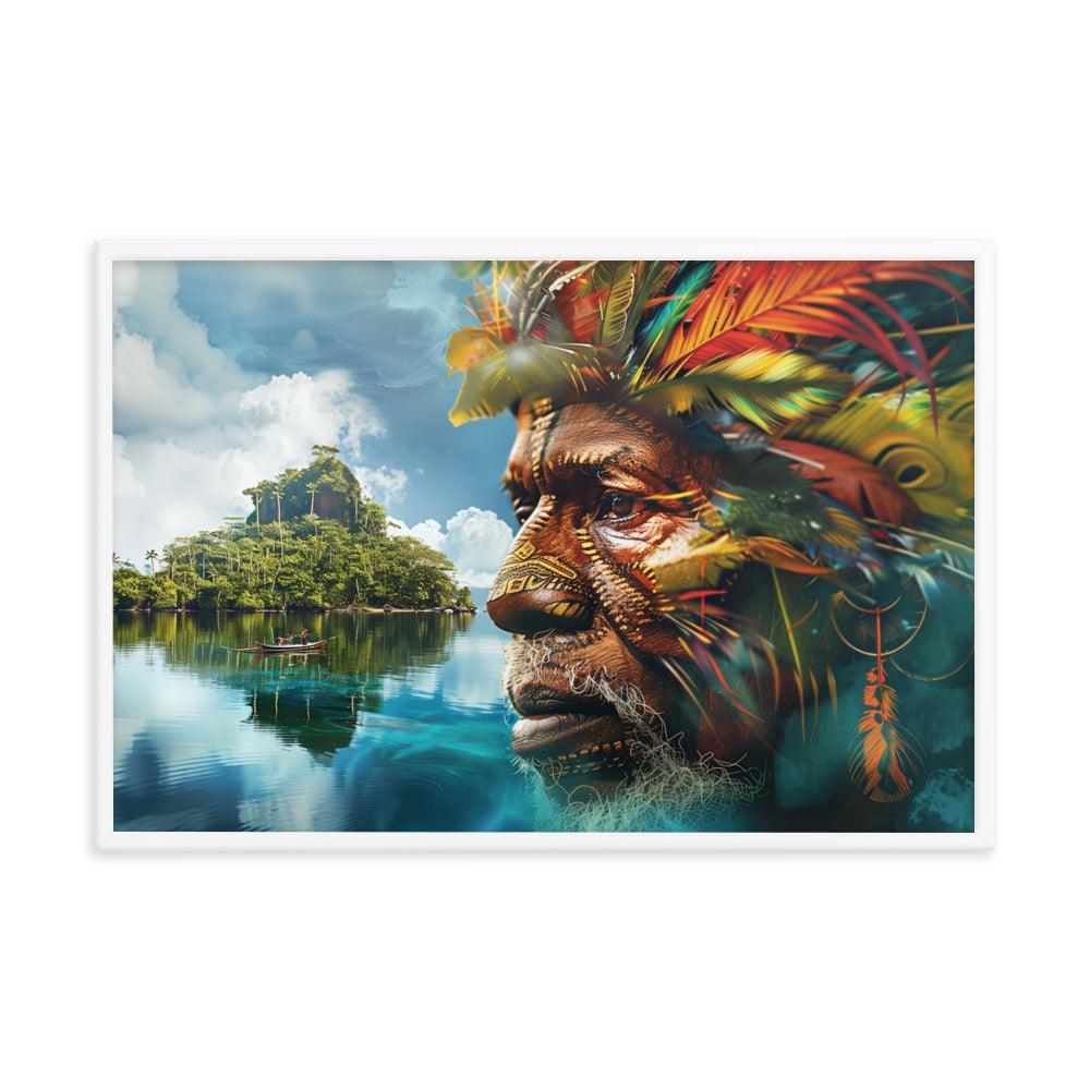 Papua New Guinea Indigenous Portrait and Island Landscape Framed Poster - Oh Posters