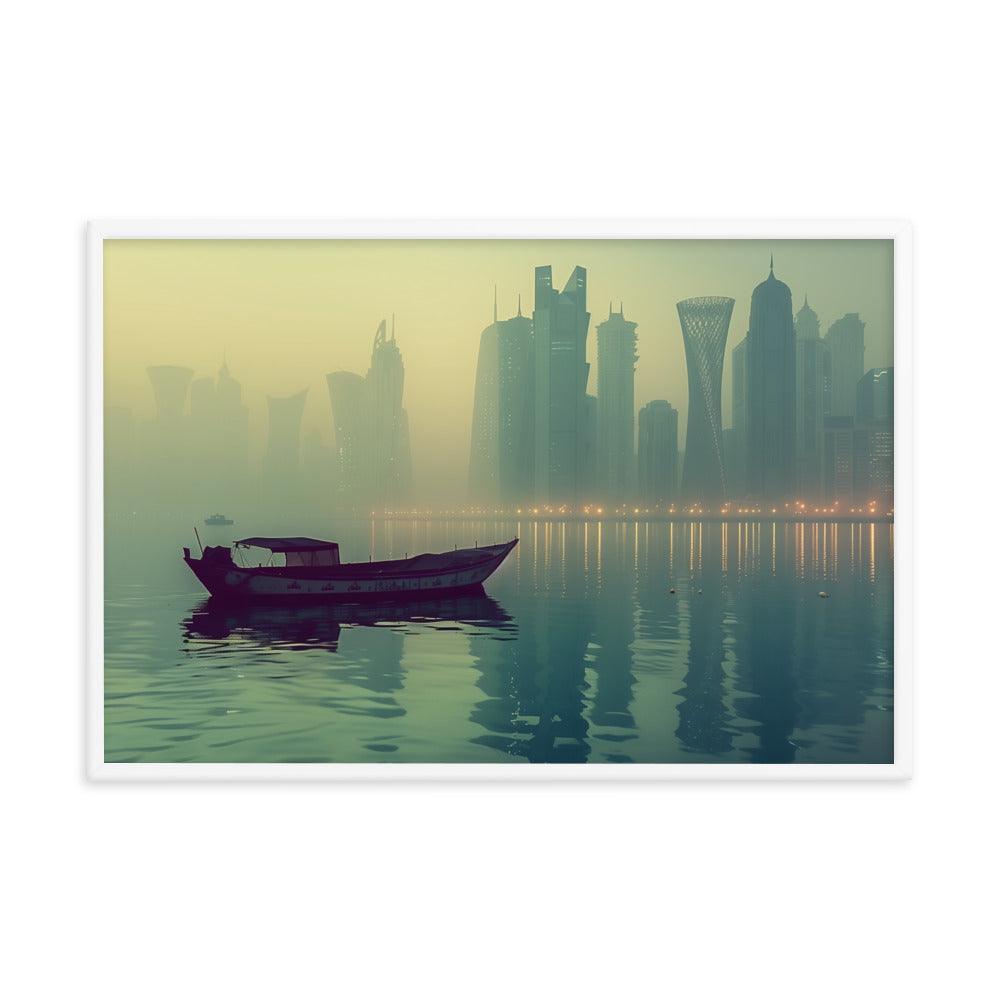 Qatar Foggy City Skyline Reflective Water Framed Poster - Oh Posters