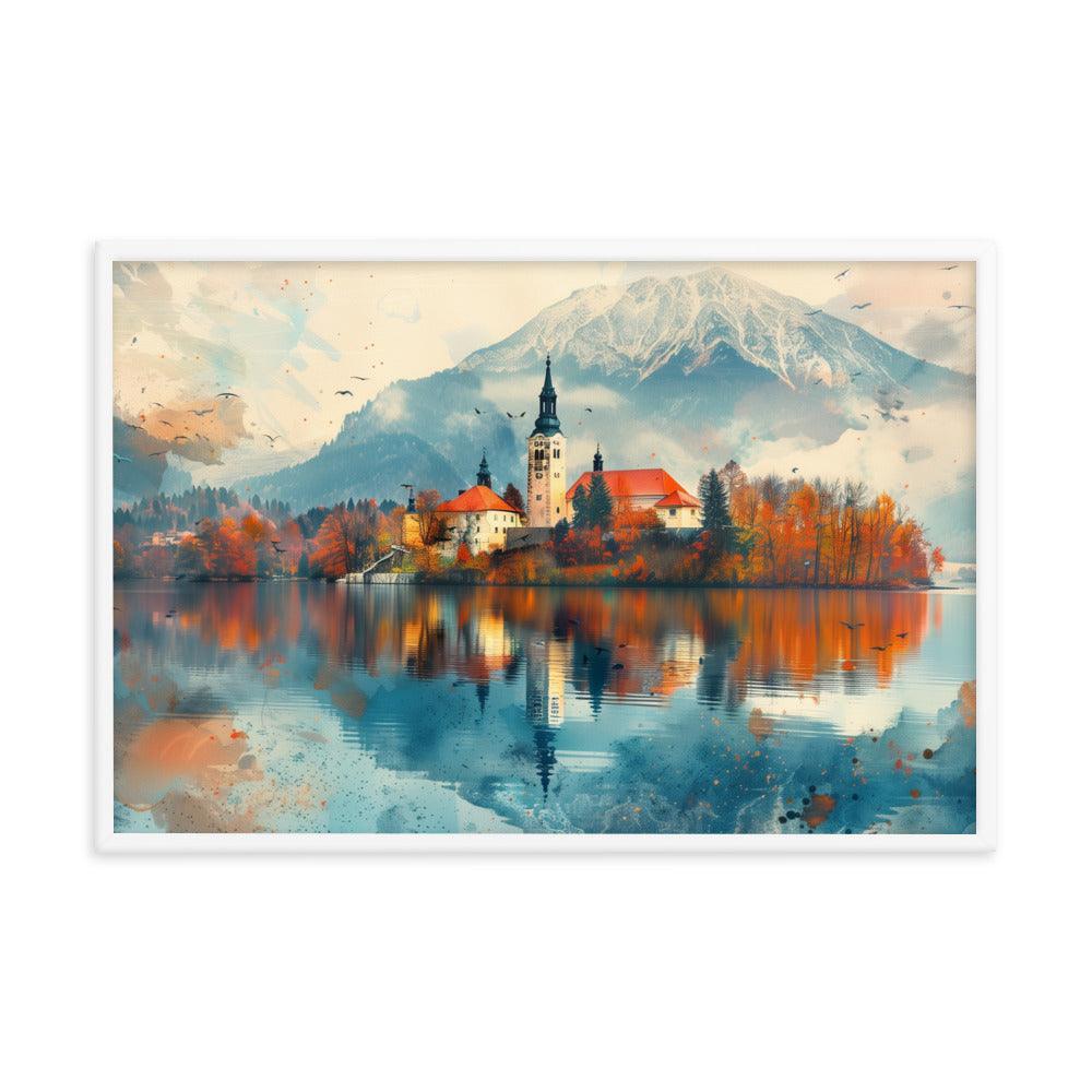 Slovenia Autumn Lakeside Church Reflection Framed Poster - Oh Posters