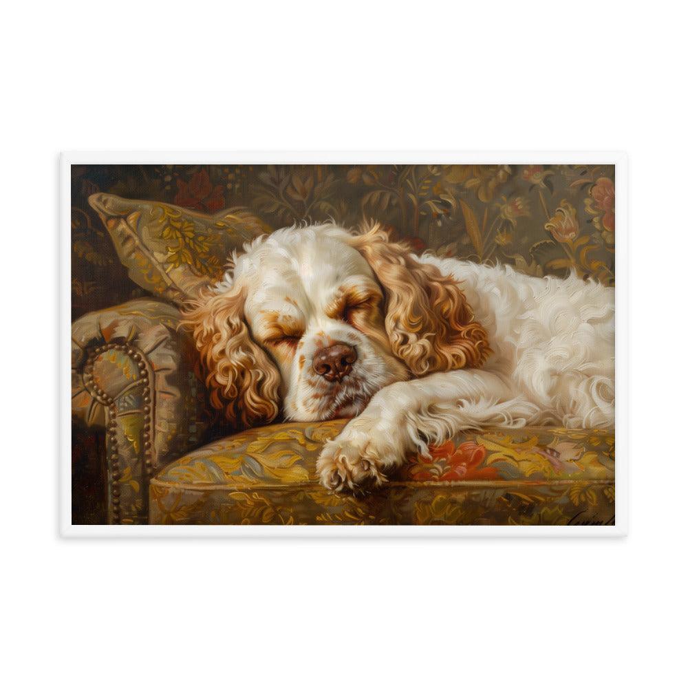 Clumber Spaniel Sleeping on Floral Sofa Painting Framed Poster - Oh Posters