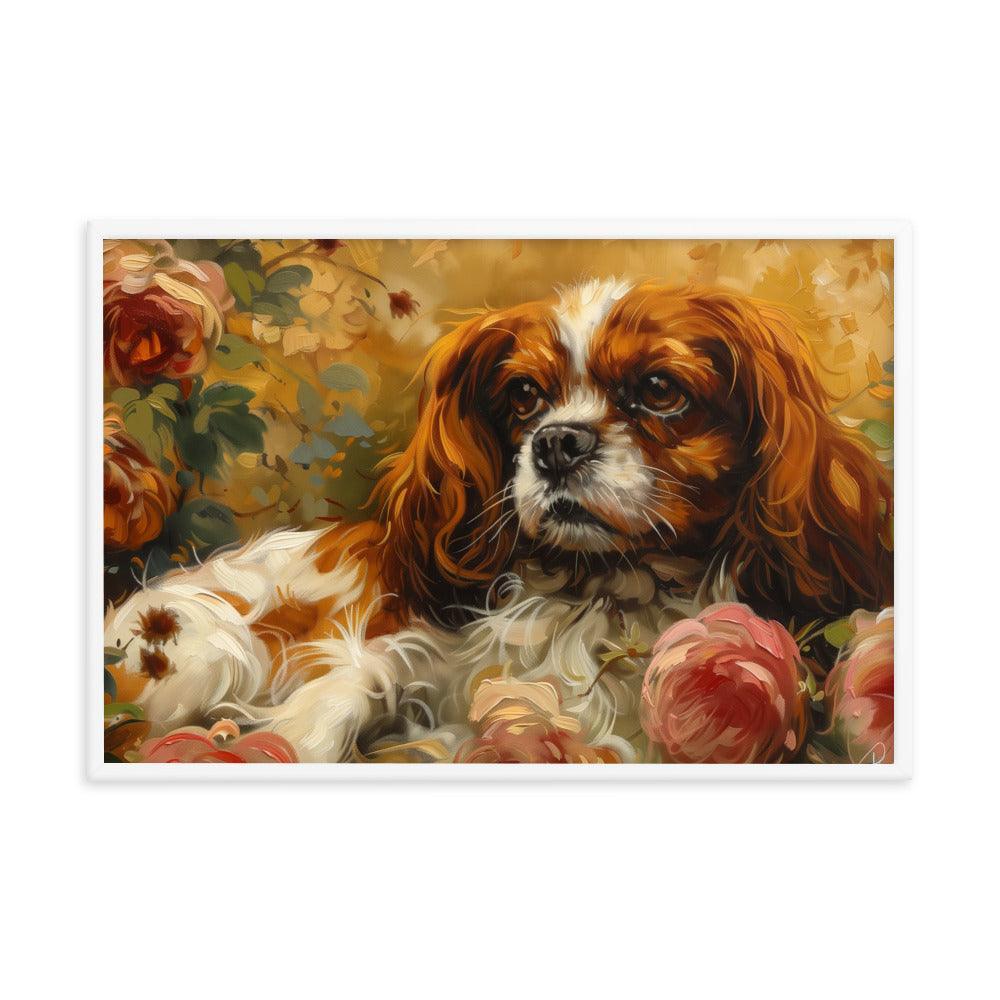 English Toy Spaniel Lying Among Roses Painting Framed Poster - Oh Posters