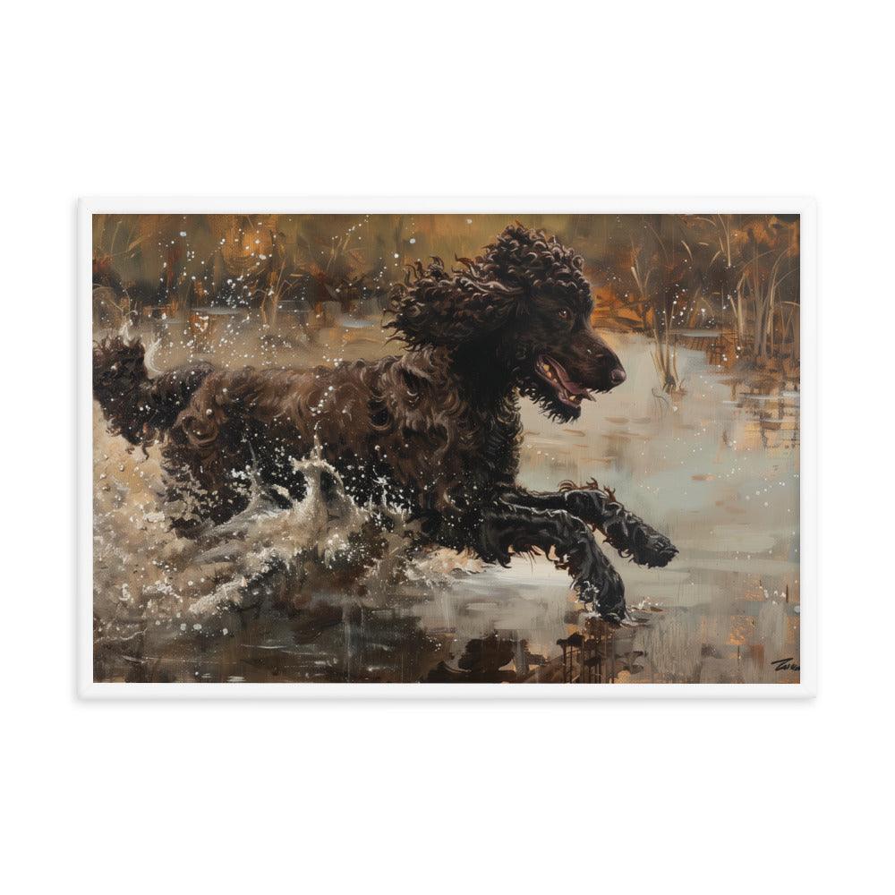 Irish Water Spaniel Splashing in Lake Art Framed Poster - Oh Posters