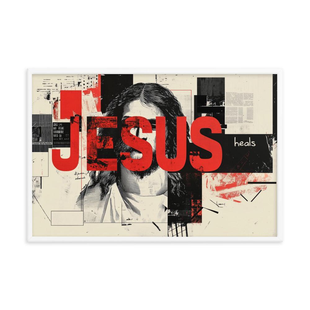 Jesus Typography Heals Abstract Collage Art Framed Poster - Oh Posters