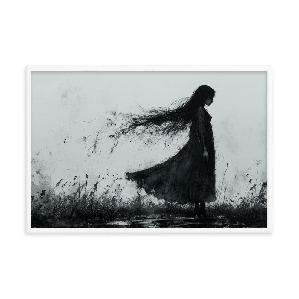 Dark Silhouette Woman in Gloomy Field Ink Illustration Framed Poster - Oh Posters