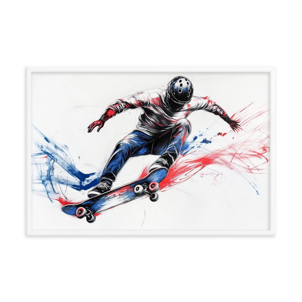 High-Energy Skateboarder with Helmet Abstract Sketch Framed Poster - Oh Posters