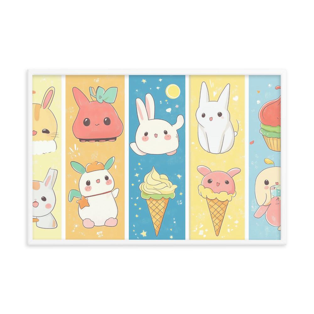 Kawaii Bunnies and Ice Cream Cute Character Strip Digital Art Framed Poster - Oh Posters