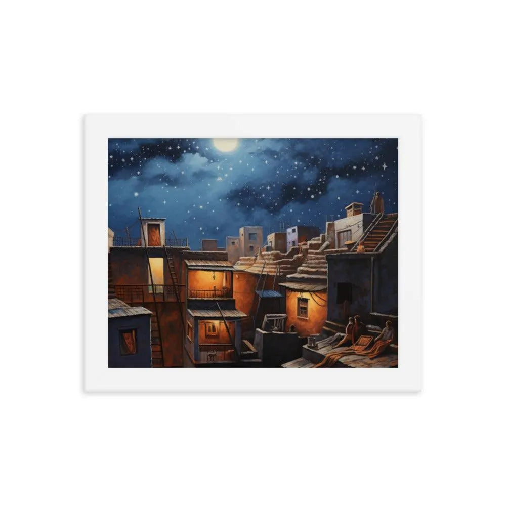 Indian Rooftop House Starry Night Sky Painting Framed Poster - Oh Posters