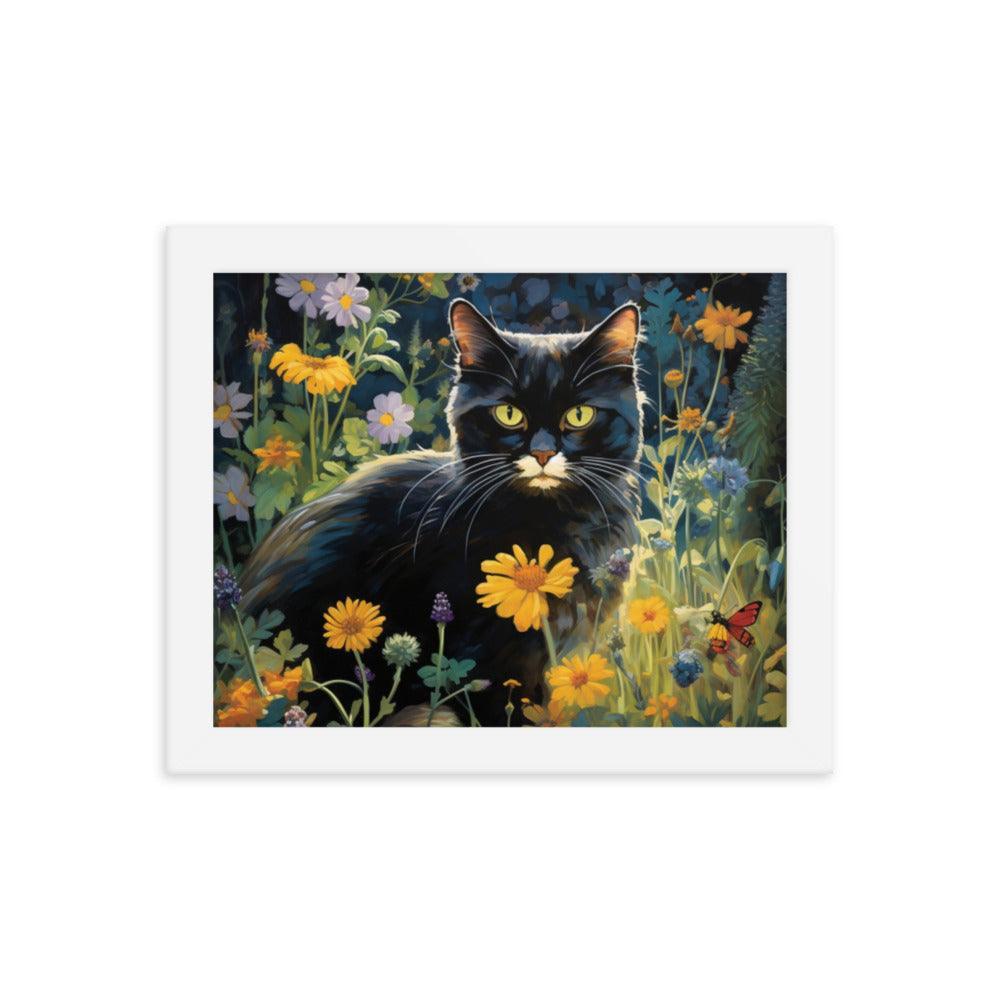 Cat in Moonlit Floral Garden Framed Poster - Oh Posters