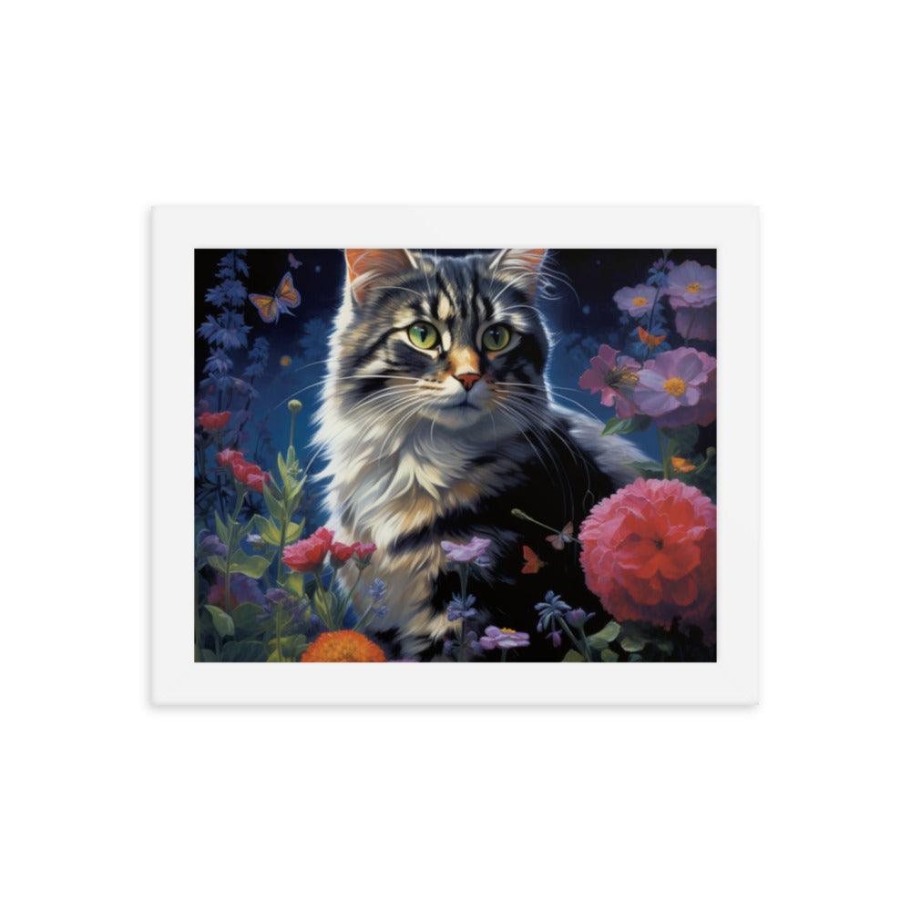 Cat in Moonlit Floral Garden Framed Poster - Oh Posters