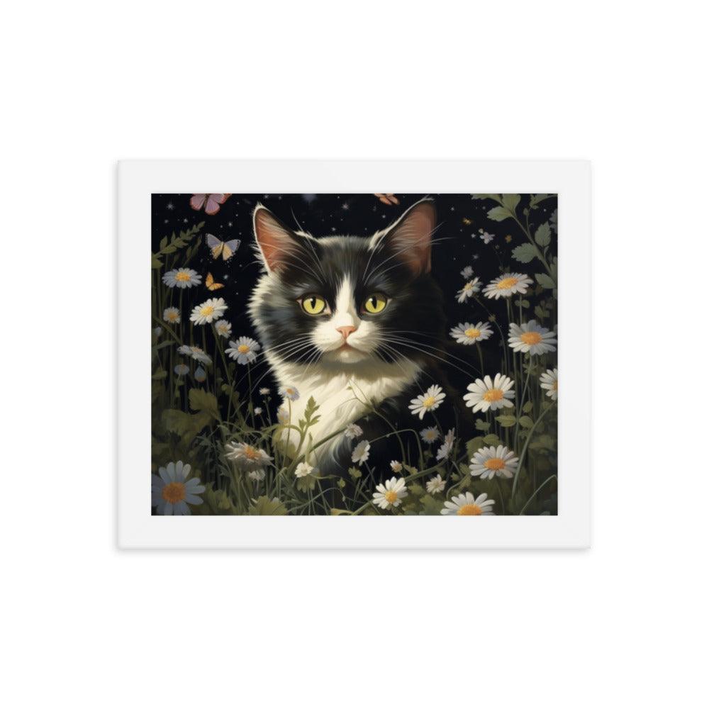 Cat in Moonlit Floral Garden Framed Poster - Oh Posters