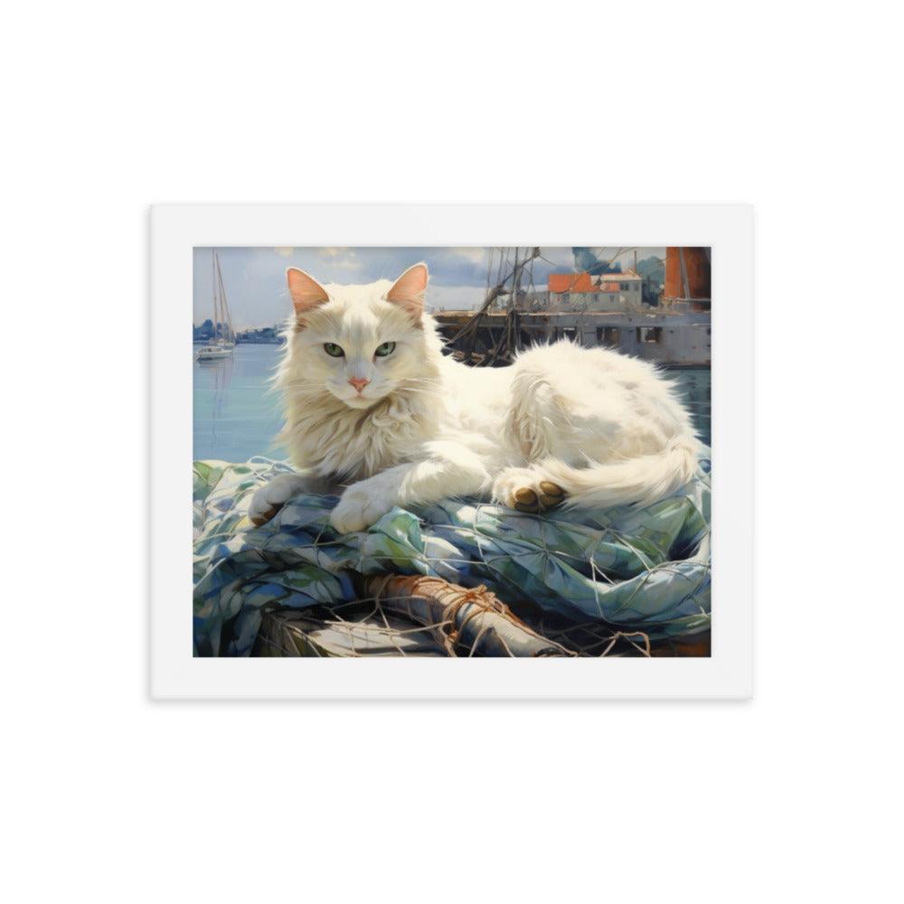 Cat Lounging at Seaside Harbor Framed Poster - Oh Posters